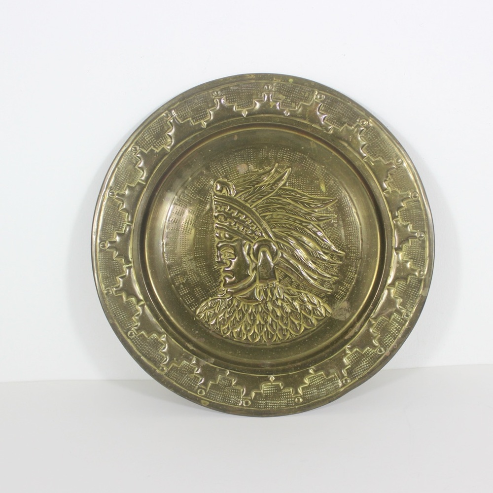 Vintage Brass Mayan Aztec Man Plate with Great Patina, Mexican Handmade Art